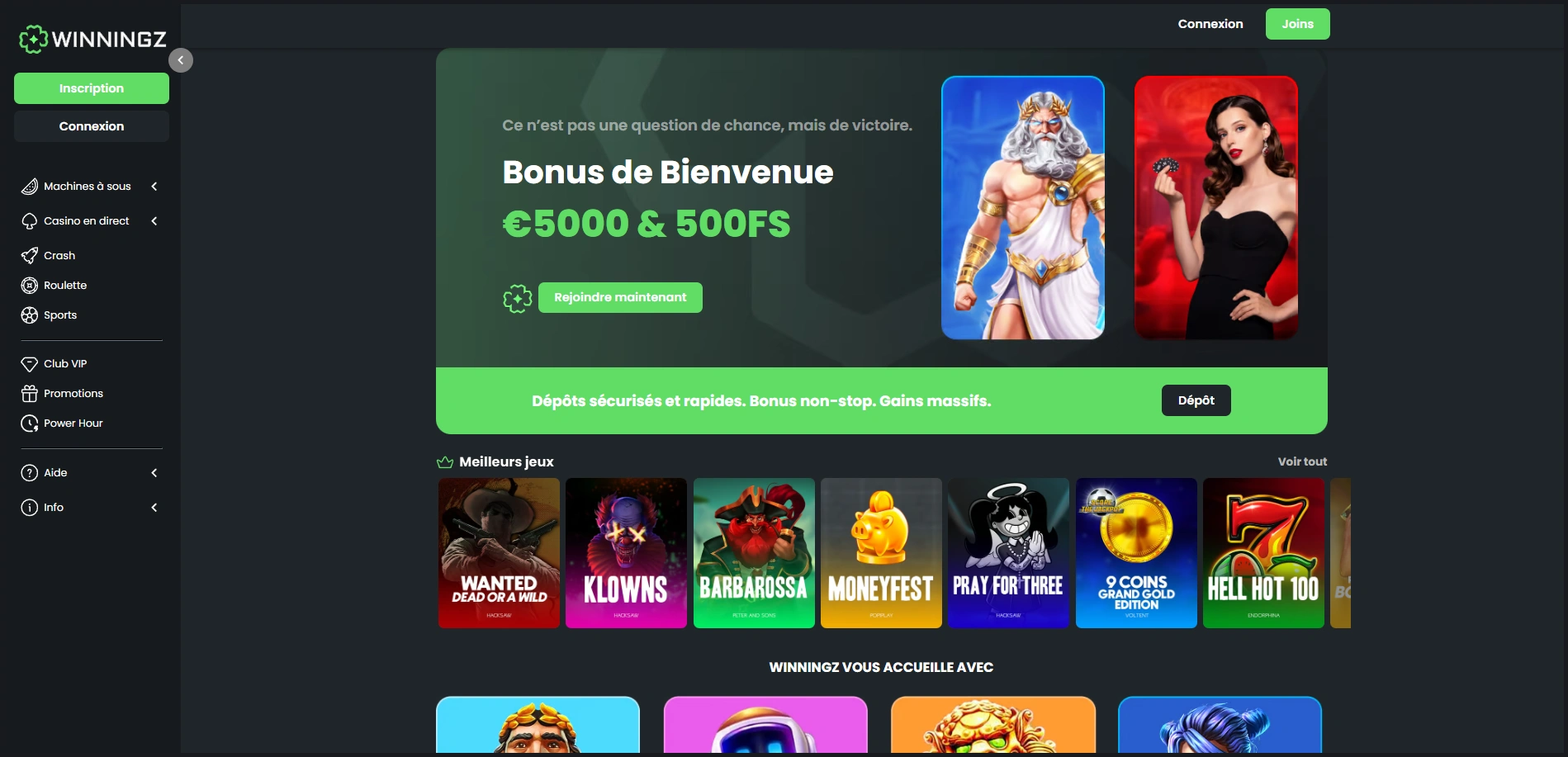 Aperçu compact des sections principales de Winningz