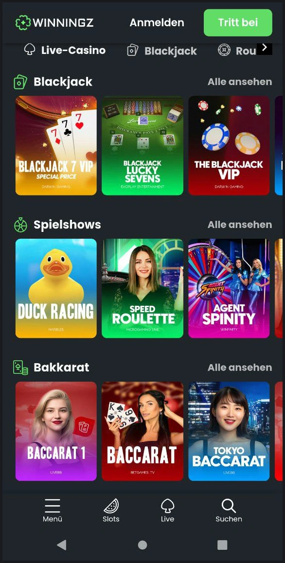 Alle Live-Tischspiele auf einen Blick bei Winningz