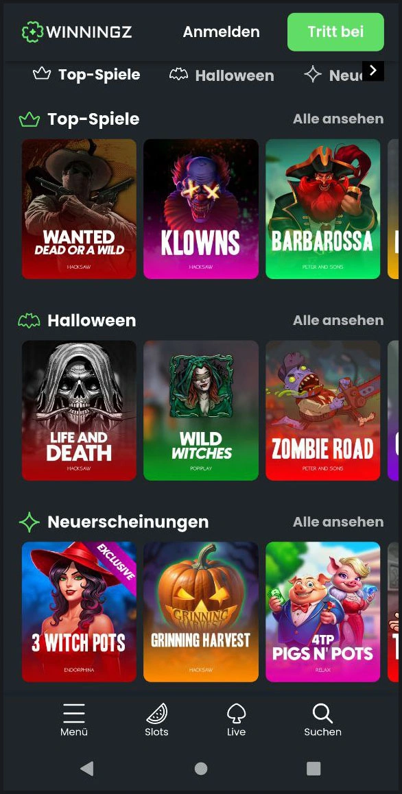 Gesamtes Slot-Angebot bei Winningz