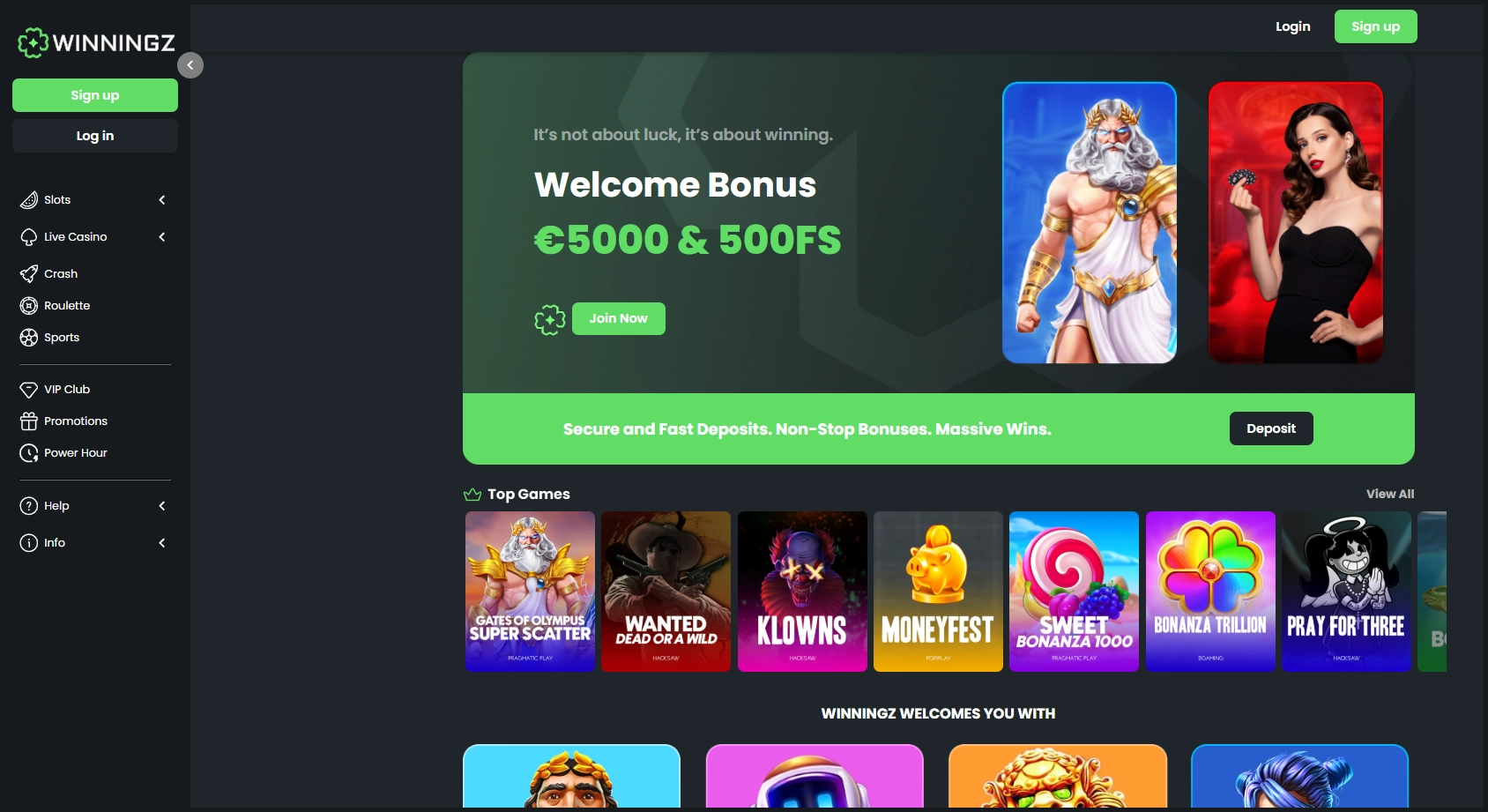 Compact overview of Winningz main sections