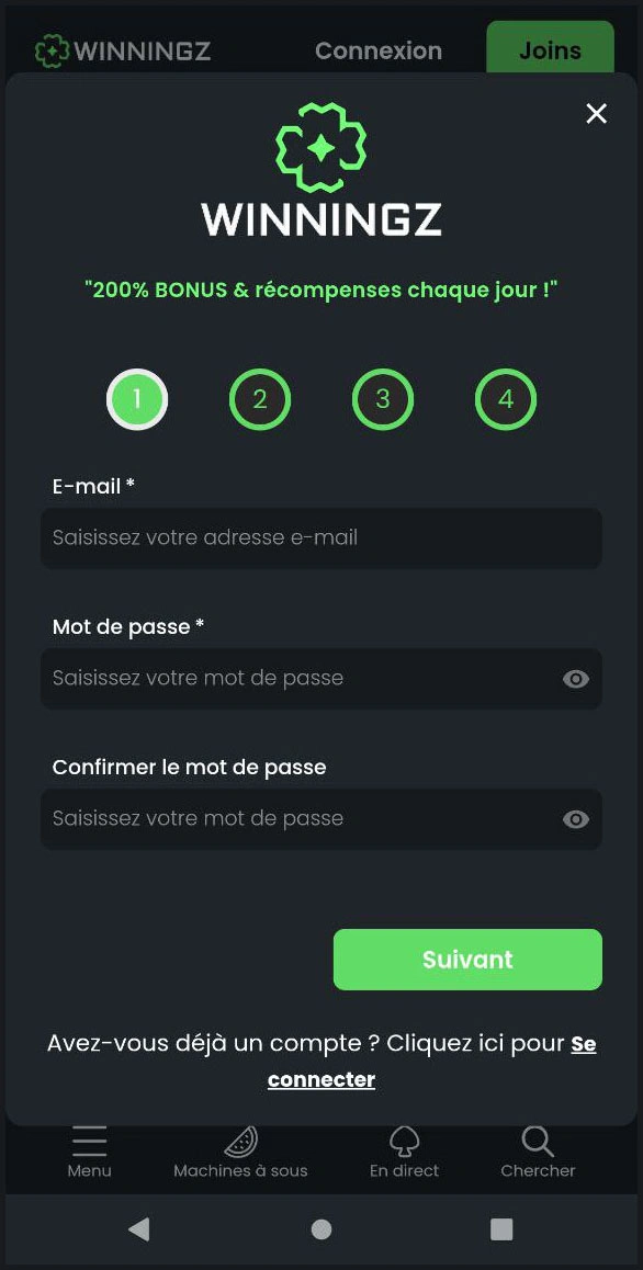 Inscription rapide pour les nouveaux joueurs chez Winningz