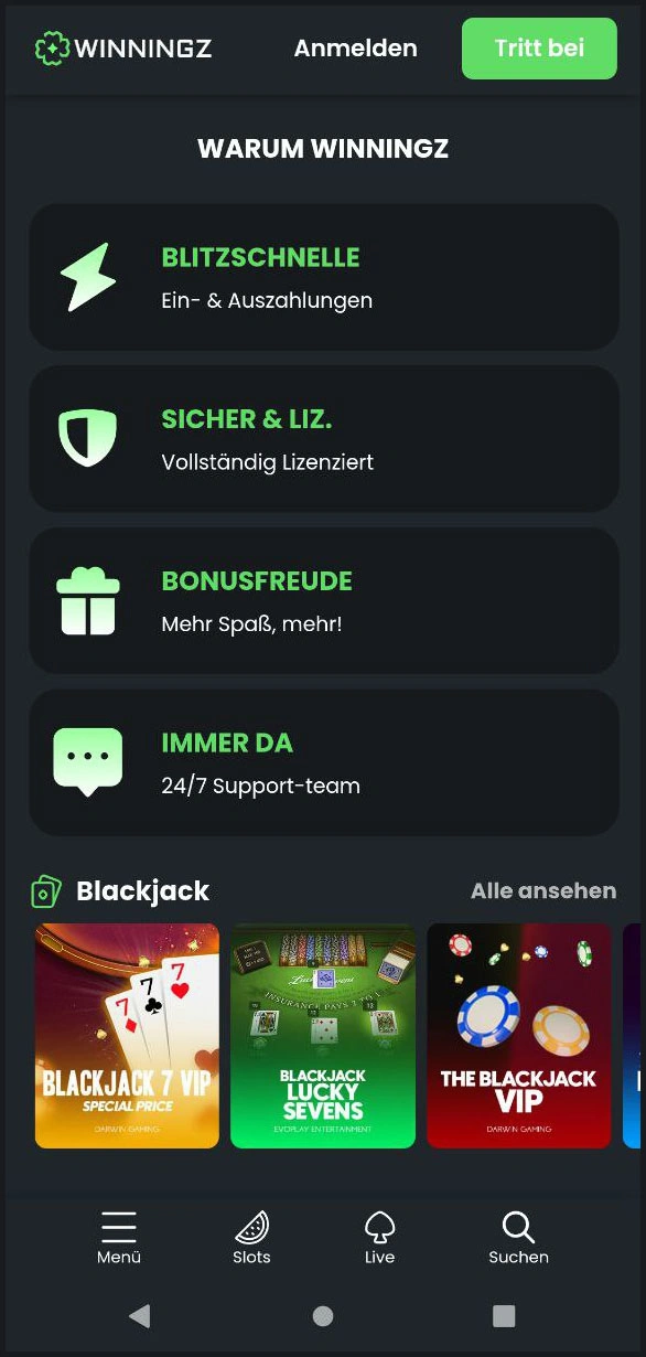 Optimierte mobile Version der Winningz-Website