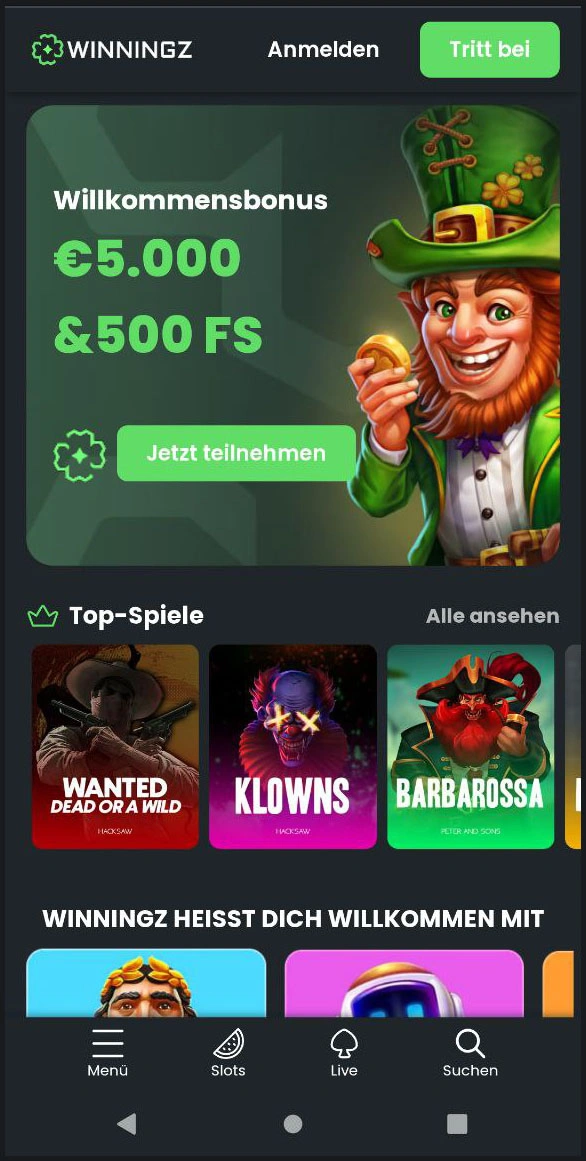 Mobile Version der Winningz -Startseite