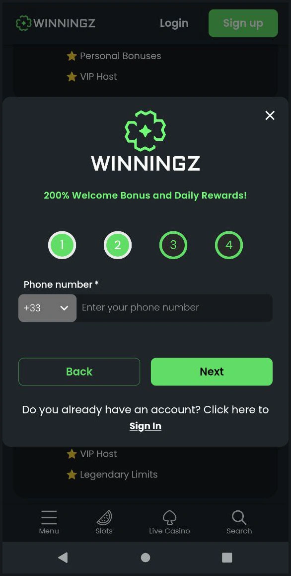 New players can easily create an account at Winningz