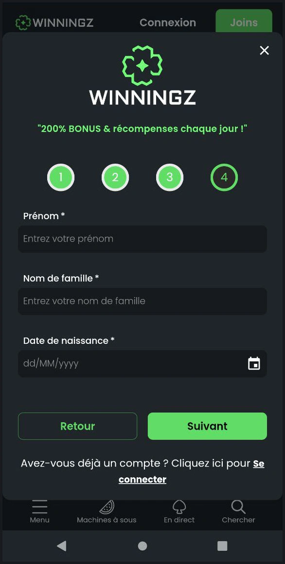 Inscription facile et rapide sur Winningz