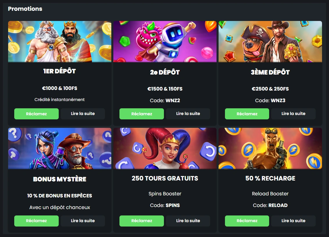 Promotions régulières et bonus hebdomadaires chez Winningz