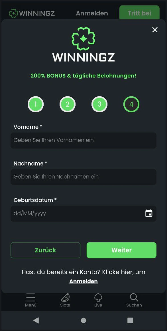 Registrierung für ein neues Konto im Winningz Casino