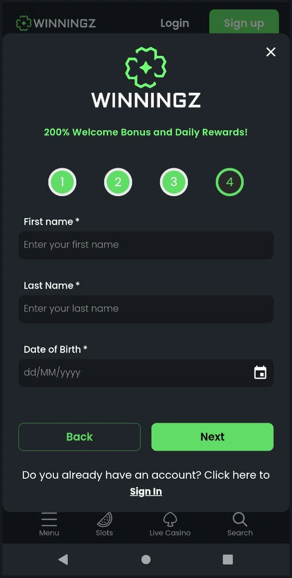 Quick and easy registration at Winningz