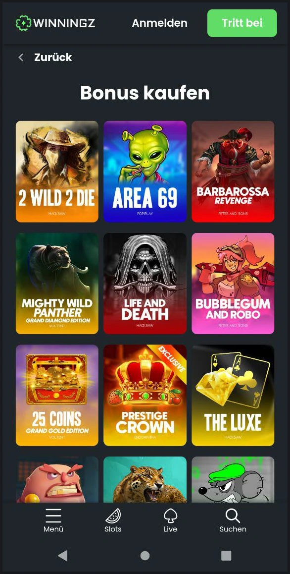Spielautomaten mit Bonus-Kauf-Funktion bei Winningz