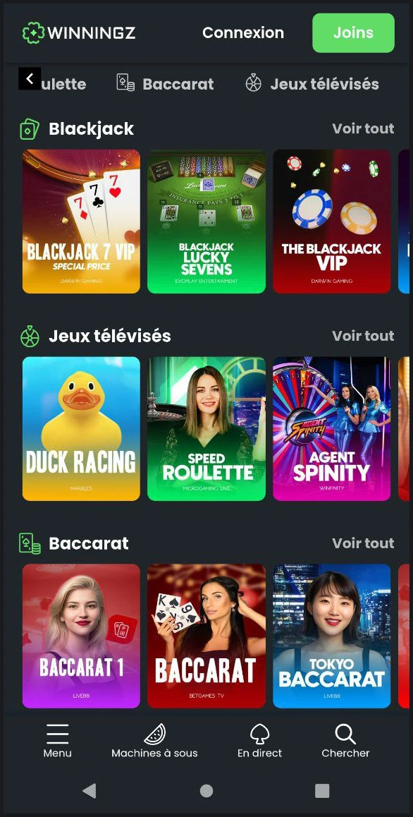 Tous les jeux de table en direct en un coup d’œil chez Winningz