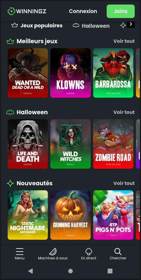 Collection complète de toutes les machines à sous chez Winningz