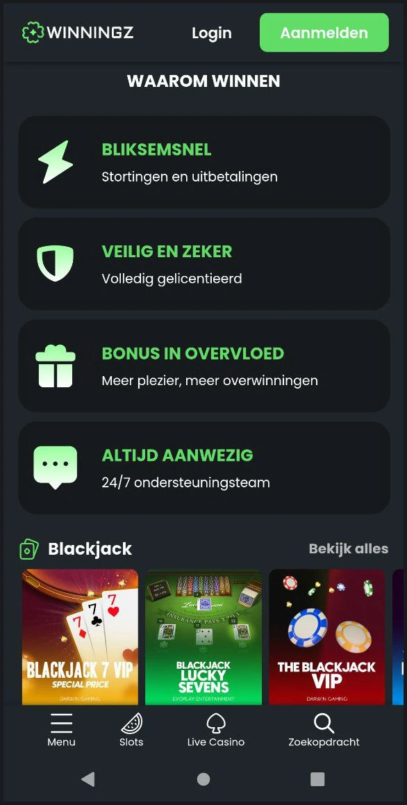Geoptimaliseerde mobiele versie van de Winningz-website