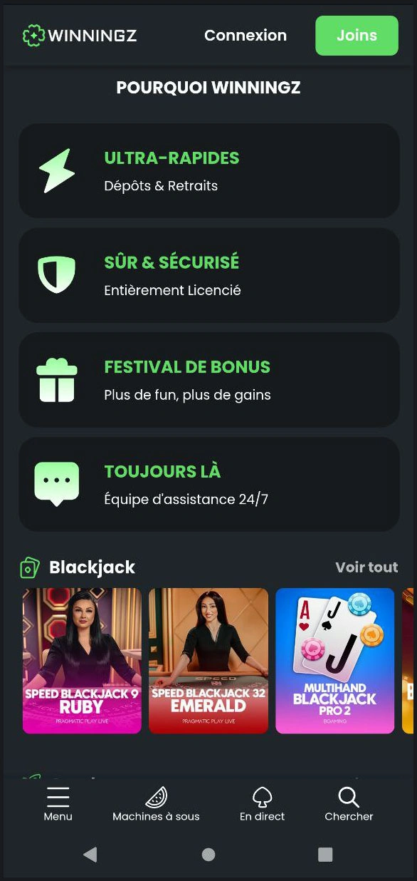 Aperçu compact des sections principales de Winningz