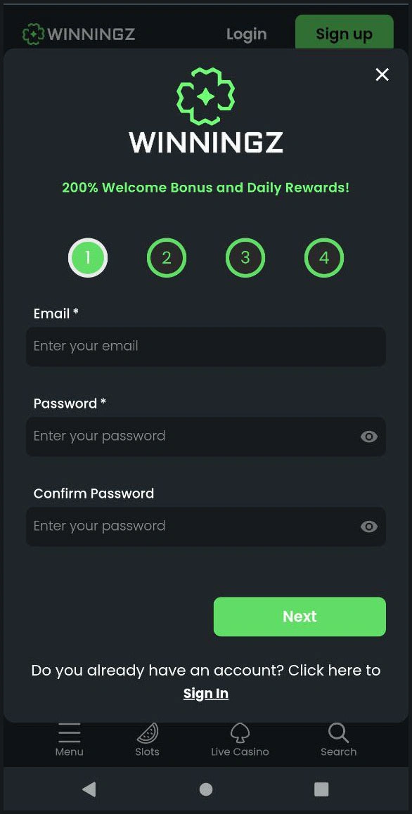 Quick registration for new players at Winningz