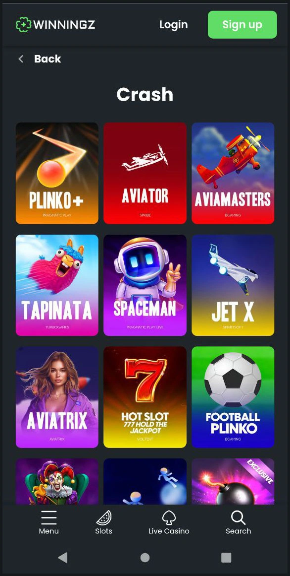 Fast-paced action with crash mini-games at Winningz