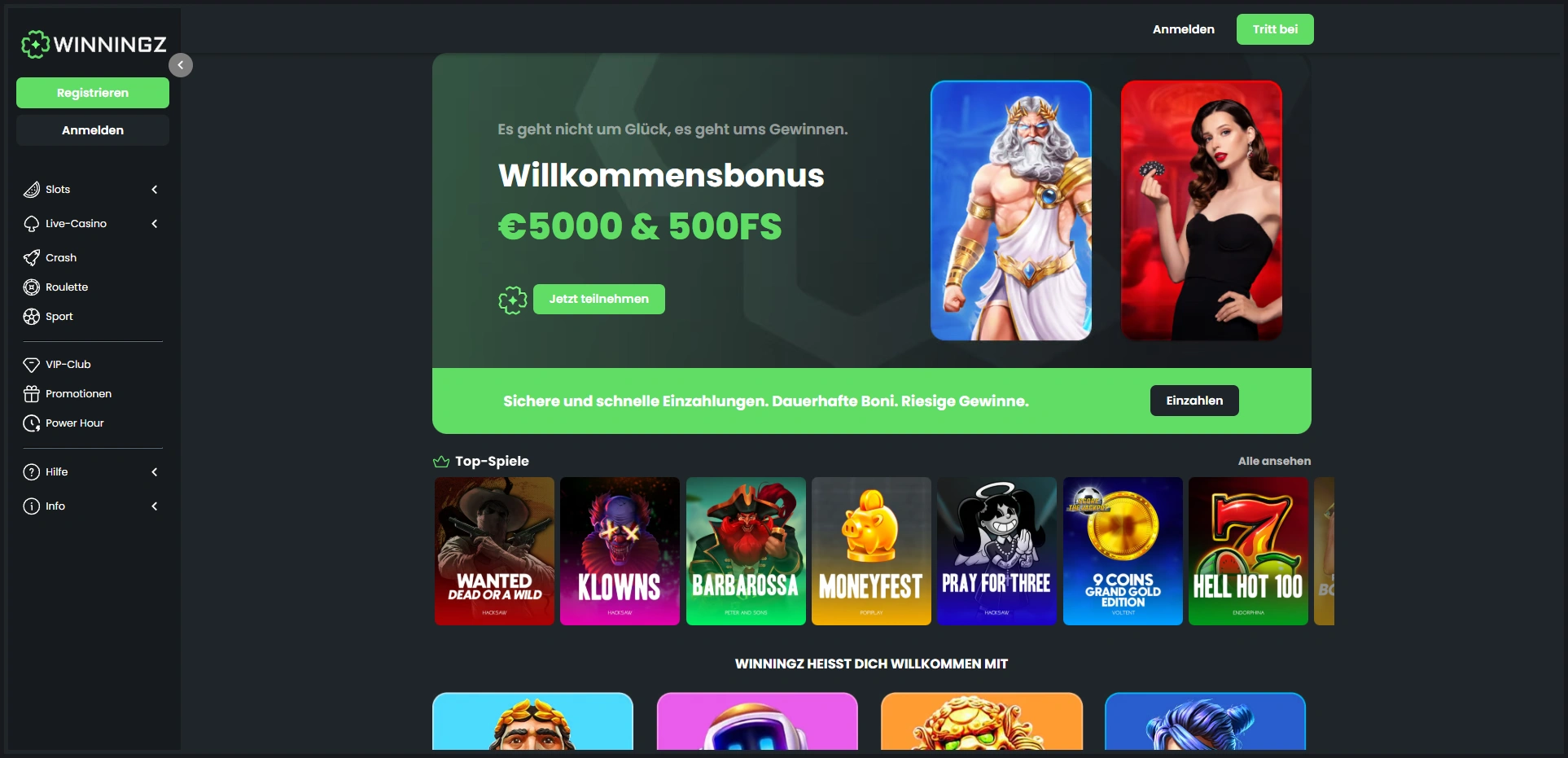 Übersicht der Winningz -Hauptseite